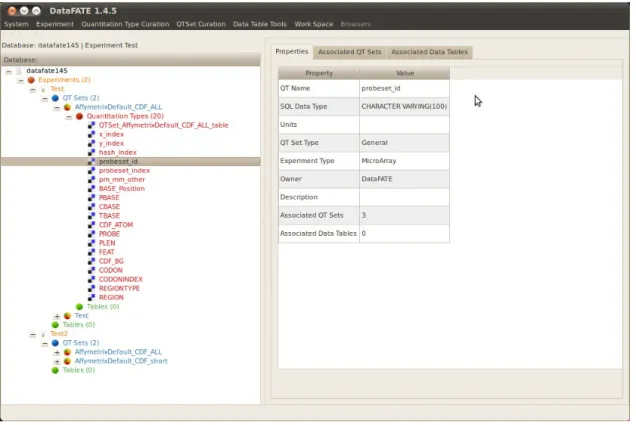 Figure 2.3: Changes to Data-FATE navigation. The enhanced navigation includes hierarchical browsing of databases, experiments and ontologica data types (right) and summary information for the selected type in the dashboard (right), making the SIMS GUI more