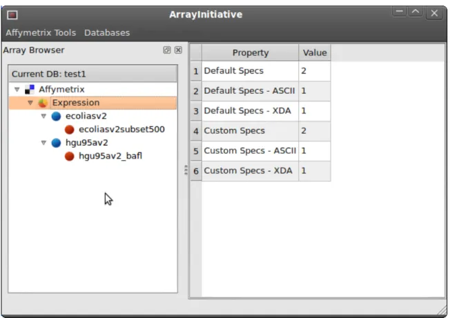 Figure 3.1: ArrayInitiative main screen. The ArrayInitiative main screen, consisting of an array specication browser, a dashboard and a main menu.