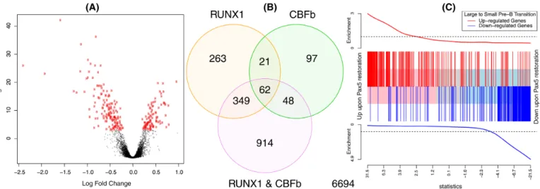 Figure 4. Example plots displaying results from DE and gene set analyses. (A) Volcano plot showing fold changes and posterior odds of DE for a particular comparison (RUNX1 over-expression versus wild-type in this case), generated by volcanoplot