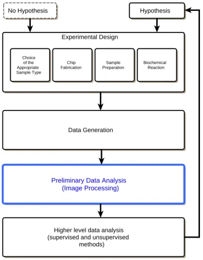 Figure 2.8: An overview of a microarray experiment and data analysis. After designing the experiment, the data should be acquired