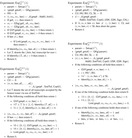 Figure 2: Security experiment for correctness, anonymity, traceability and non-frameability