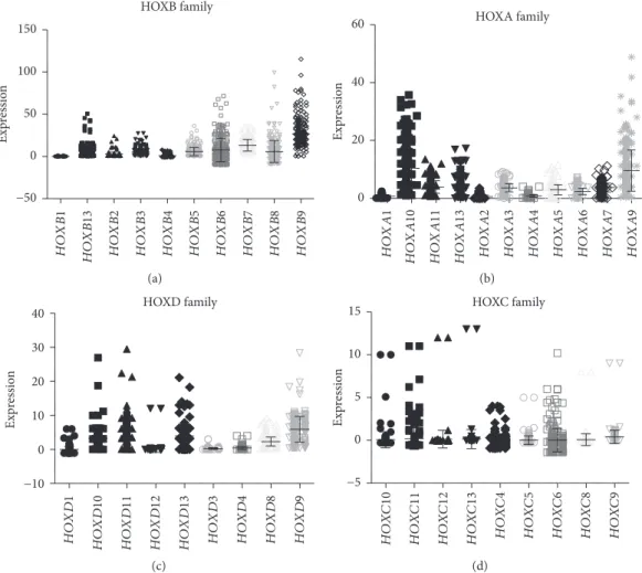 Figure 6: HOX family gene expression in CRC. (a) HOXB family gene expression, (b) HOXA family genes, (c) HOXD family genes, and (d) HOXC family genes were analyzed using TCGA RNAseq for n = 273 patient samples