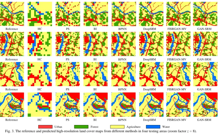 Fig. 3. The reference and predicted high-resolution land cover maps from different methods in four testing areas (zoom factor z = 8)