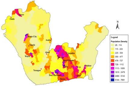 Figure 1. MMap showing poopulation denssity by local goovernment areaas in the Nigerr Delta 