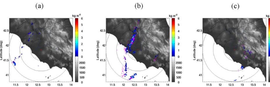 Figure 7. The columnar IWCg estimated from Polar 55C at 16:00 UTC (a), 17:30 UTC (b), and 19:20 UTC (c) on the 15 October 2012.Strokes detected by LINET network are represented by the magenta crosses.