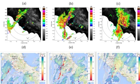 Figure 5. As in Fig. 3 for the 15 October 2012 at 16:00 UTC (a, d), 17:30 UTC (b, e), and 19:10 UTC (c, f).
