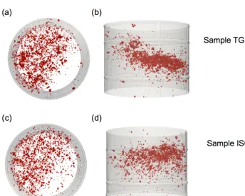 Figure A1. A 3-D view of the initial dust location (red) in the temperature gradient experiment (a, b) and the isothermal experiment (c, d)from top view (a, c) or side view (b, d)