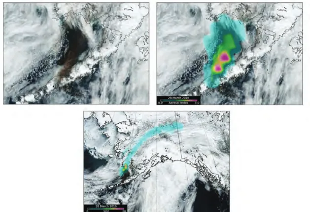 Figure 2.15:  Upper left:   VIIRS  true color image. The brown-colored plume moving to the northeast of the volcano  (black triangle) is visible volcanic ash