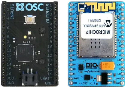 Figure 2. x-OSC board top (left) and bottom (right), size:31 × 47 mm