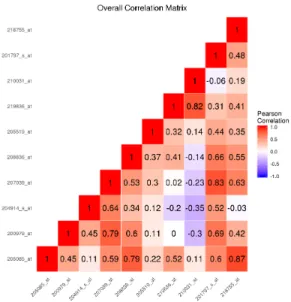 Fig. 2. The sample correlation matrix of the features simulated to be important to class separation for the linear decision boundary simulation with K = 3 classes.