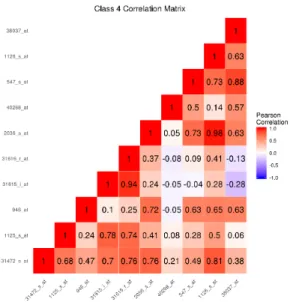 Fig. 10. Among observations in class 4, the sample correlation matrix of the features simulated to be important to class separation for the nonlinear decision boundary simulation with K = 4 classes.