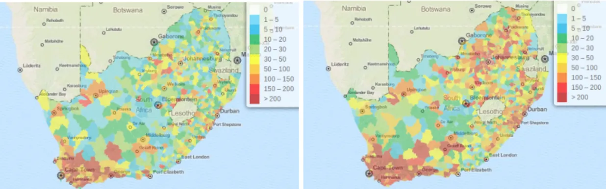 Figure 2.2. Crime maps of South Africa showing police precincts with drug-related crime levels, the more intense the colour the higher the crime level