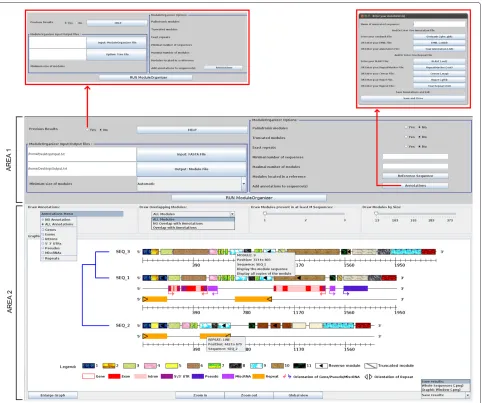 Figure 2 Screenshoot of the Visual ModuleOrganizer graphical interface. Text legends of the module textures, genomic objects and repeatannotations are shown under the graphic display.