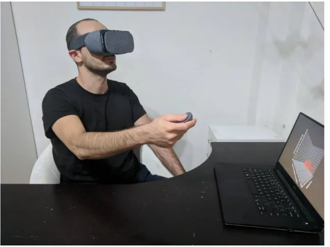 Figure 10: User study phase. A study subject while using the mobile VR application and completing the data exploration tasks.