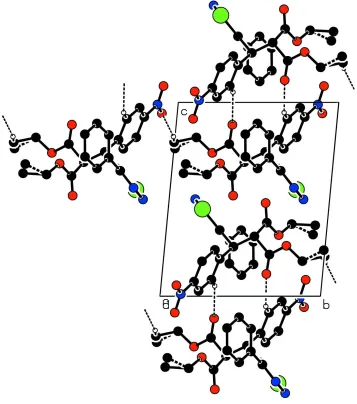 Figure 2The packing of (I), viewed down the a axis. Hydrogen bonds are shown as dashed lines