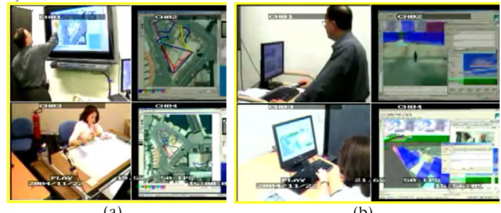 Figure  4  shows  the  shots  from  the  recorded  activities  of  the  architects  collaborating during Net meeting (Figure 4a) and 3D world session (Figure  4b)