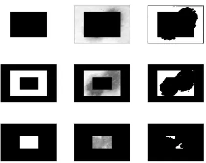 Figure 32: Local Otsu on concentric partitions. From left to right: binary masks of external (top), middle  (center) and inner (bottom) partitions, areas of image under each partition, thresholded partitions