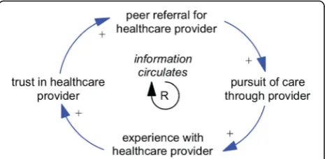 Fig. 3 Example of causal mapping from qualitative data. A reinforcingloop reflecting the essence of a comment (qualitative data) from afocus group participant regarding the importance of a peer network inrecommending healthcare providers
