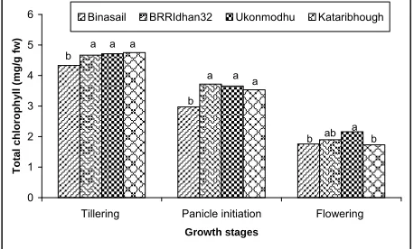 Figure 2. Chlorophyll-b of leaf at different growth stages of four aromatic and fine rice varieties