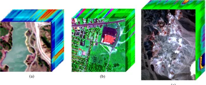 Fig. 6. Three real-world hyperspectral images. (a) HYDICE Jasper Ridge dataset; (b) HYDICE Urban dataset; (c) AVIRIS Cuprite dataset.