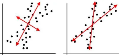 Figure 2.2: Example 2D data and co-ordinates found via PCA and ICA. The datapoints (black spots) are best represented along non-orthogonal axes