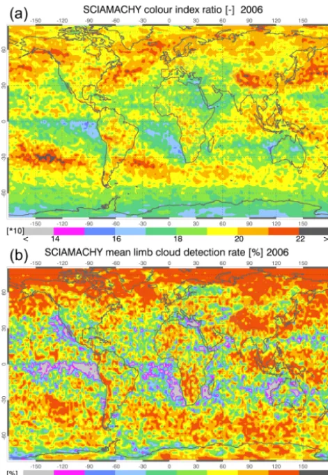 Figure 8. Global annual mean of (a) the maximum colour indexratio and (b) the limb cloud detection rate for 2006