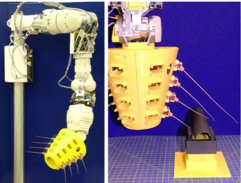 Fig. 1.(A) The BIOTACT sensor (yellow module) is mounted as anend-effector to a 7-dof robot arm