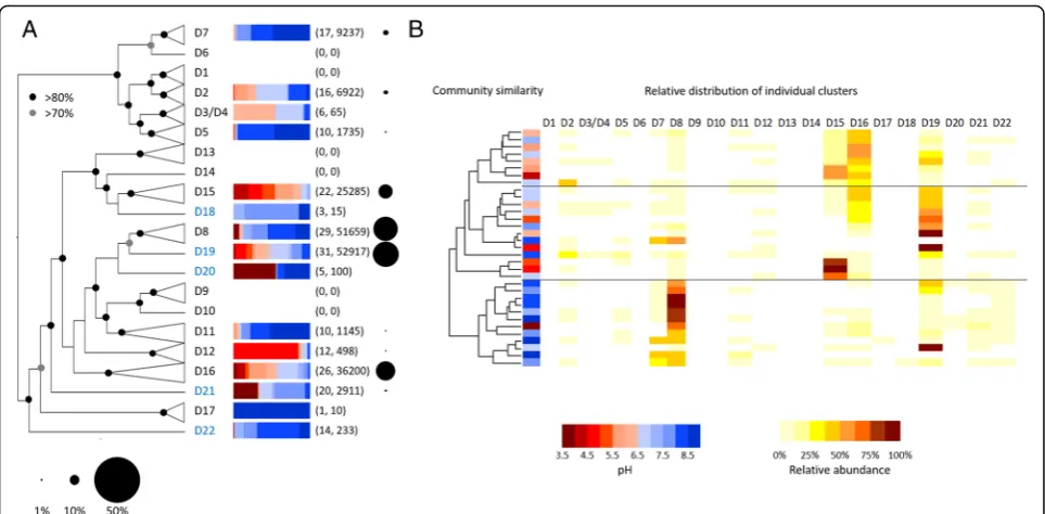 Fig. 2 a Cladogram representing bacterial amoA Nitrosospira diversity in 33 UK soils based on Illumina MiSeq sequences
