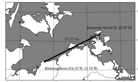 Figure 3. Geometry for the bistatic meteor radar experiment. Thetransmitter was located in Juliusruh, and the receiver was located atKühlungsborn, a 118 km great-circle distance from the transmitter.