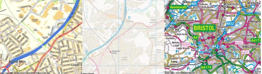 Figure 11 Images from OS Opendata at: 1:10,000, 1:25,000 (‘backdrop’) and 1:250,000 scales 