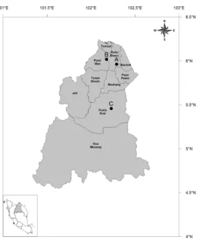 Figure 1. The geographical location of the three rainfall stations in Kelantan.