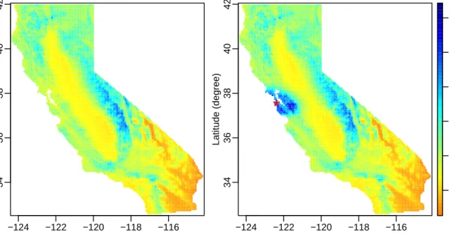 Figure 8: Return level maps when fixing SOI = −0.2175. Left: 50-year return levels (cm)