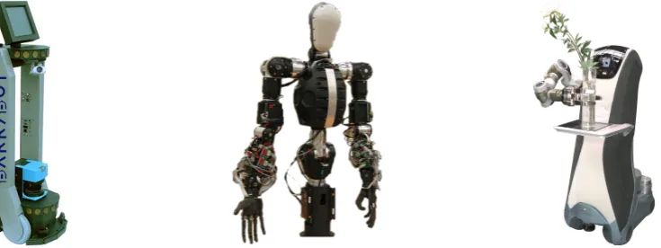 Figure 1: Personal robots come in many diﬀerent forms depending on their use. An interactivemobile robot (left: MobileRobots PeopleBot) may be used as a tour guide, whereas a robotﬁtted with precision manipulators (centre: Elumotion RT-1) can be used for m