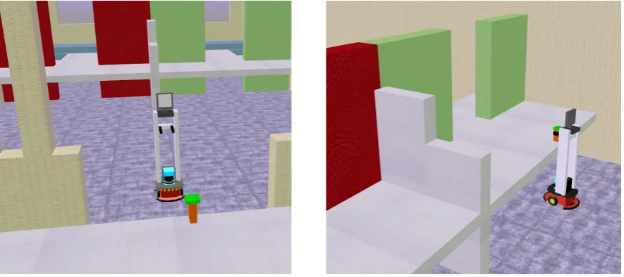 Figure 6: Simulated mobile robot sorting parts (see Extension 4 for full video). The simulationenvironment was made using Microsoft Robotics Developer Studio.