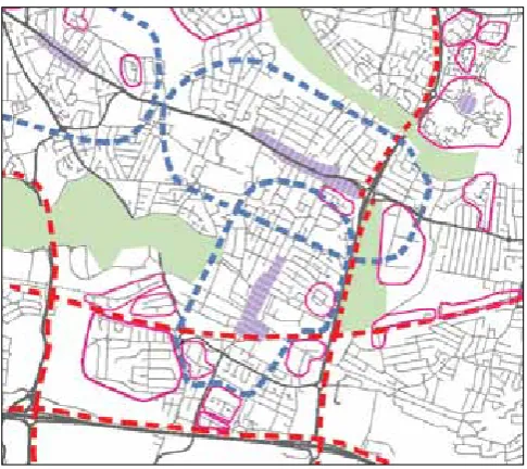 Figure 16 Linear township along a main radial, with neighbourhoods either side of the high street, in north Bristol