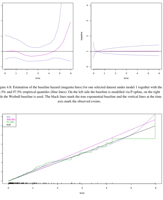 Figure 4.8: Estimation of the baseline hazard (magenta lines) for one selected dataset under model 1 together with the  2.5% and 97.5% empirical quantiles (blue lines)