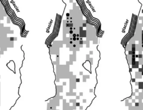 Figure 1. Spatial distribution of harbor seals and ice cover for 3 of 18 dates during summer 2002
