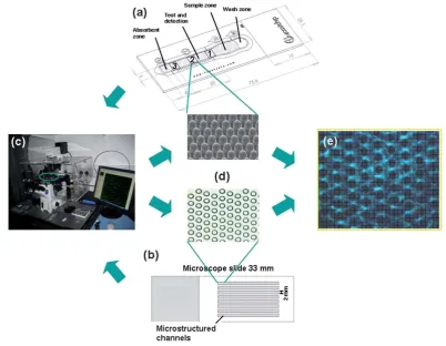 Fig. 1Experimental setup for development of the ﬂuorescent lateral ﬂow assay. (a) Polymeric platforms made from cyclic polyoleﬁn with a lateral ﬂowPlatforms were modiﬁed with deposited clotting reagents and placed in a ﬂuorescence microscope with CCD camer