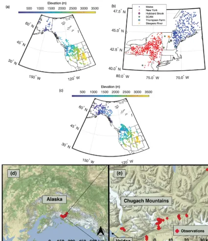 Figure 2. Distribution of measurement locations used in this study.source. (a) Western US and Canada snow pillow locations, with colors indicatingstation elevation in meters