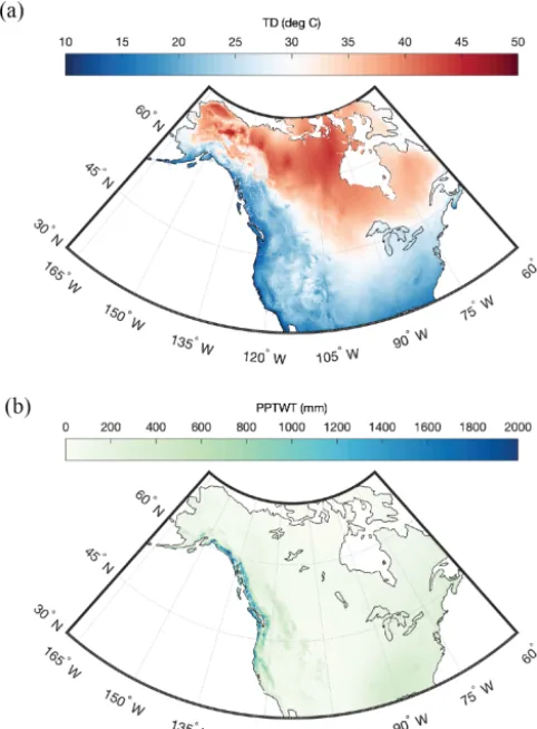 Figure 5. Gridded maps of winter (December, January, February)precipitation (PPTWT) and temperature difference (TD) betweenthe mean of the warmest month and the mean of the coldest month)for North America