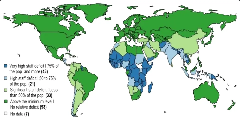 Figure 3 Percentage of population globally not covered due to deficits in health workforce employment (per cent of populationwithout access to quality health services in 2014).