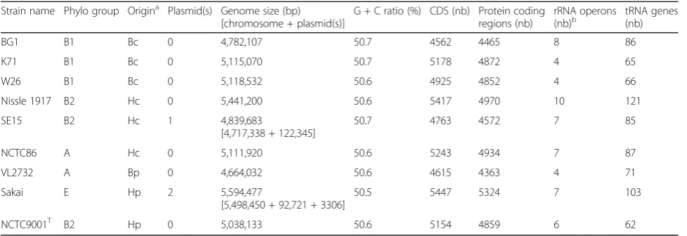 Table 5 Characteristics of whole genome datasets of different E. coli strains