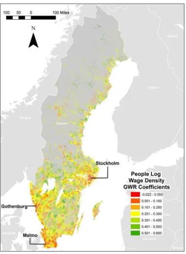 Fig 3. Geographically Weighted Regression Coefficients for People Wage Density. (Map produced in ArcGIS based on data from Statistics Sweden).