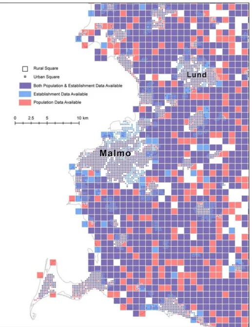 Fig 1. The variation in coverage of the population and establishment data. (Map produced in ArcGIS based on data from Statistics Sweden).