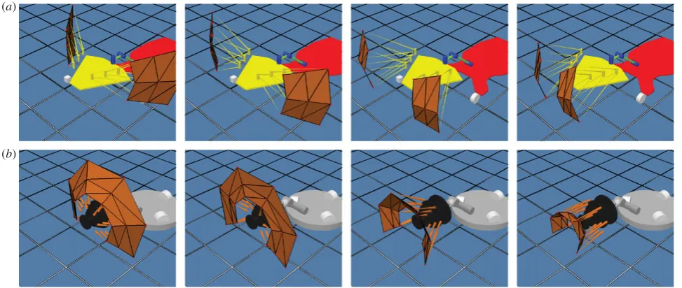 Figure 3. Still frames taken from a simulated rendering of (a) SCRATCHbot and (b) Shrewbot emphasizing the form of theirwhisker ﬁelds and inferred sensory surface, interpolated between the whisker tips (shown in brown), at different phases ofwhisking