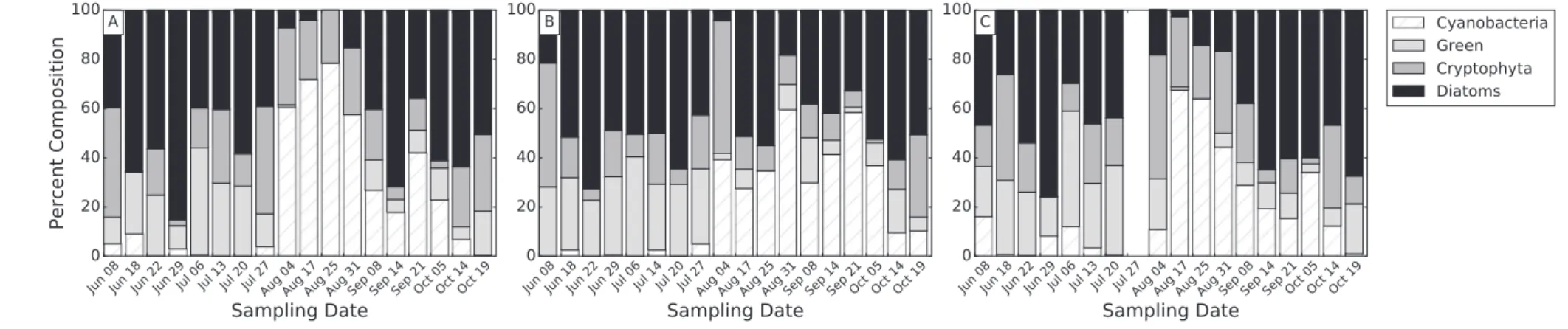 Fig. 4. Surface layer algal composition time series for three stations in WBLE in 2015: WE2 (A), WE6 (B), and WE12 (C)
