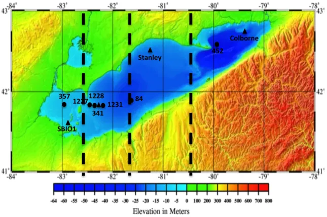 Figure 3.7: Lake Erie bathymetry (from GLERL) with four forcing sections (divided by dash lines) and the locations of meteorological buoys (N) and thermistor chains ( ).