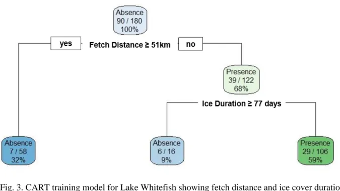 Fig. 3. CART training model for Lake Whitefish showing fetch distance and ice cover duration  as important variables