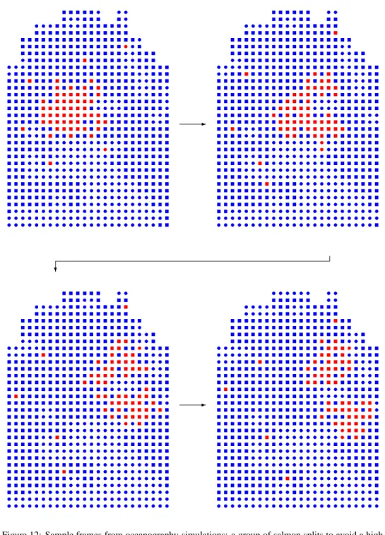 Figure 12: Sample frames from oceanography simulations: a group of salmon splits to avoid a high temperature region; salmon represented by hue (red for present, blue for absent) and temperature represented by form (circle for hot, square for cold)