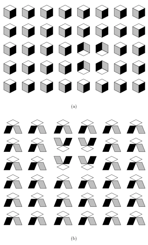 Figure 2.9: Three-dimensional icons: (a) when the cubes appear \three-dimensional&#34;, the 2  2 group with a dierent orientation is preattentively detected; (b) when three-dimensional cues are removed, the unique 2  2 group cannot be preattentively det